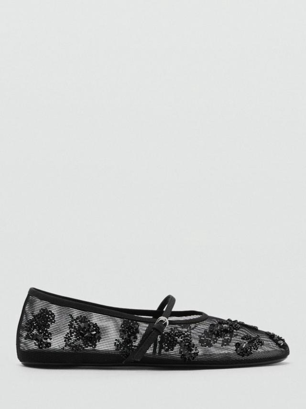 Mango MNG Sequin Embroidered Strap Mesh Ballet Flats in Black Euro 38 US 7.5